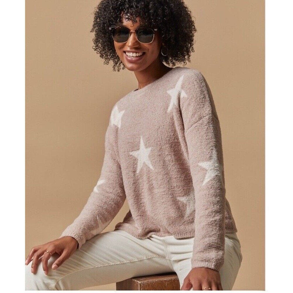 Francesca's Harper Heritage Sweater Stars XS S/M Loose Fit Crew Neck Beige Blush
